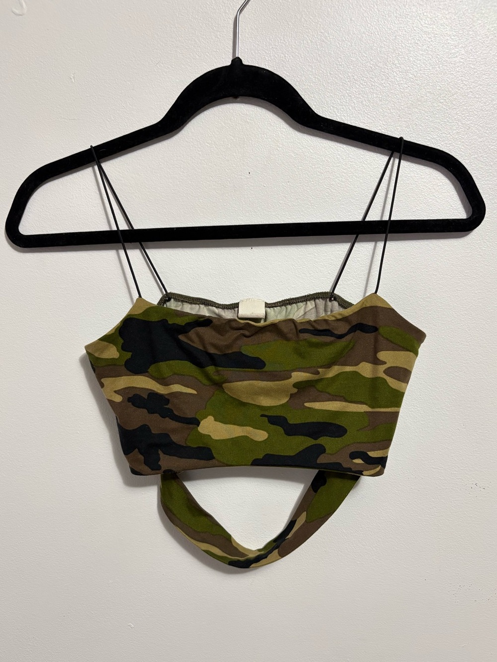 Camo Print Crop Top with Strappy Detail - Green Brown